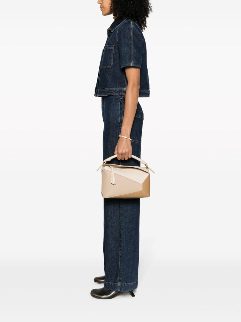 Neutral Puzzle Edge Small Leather Top Handle Bag