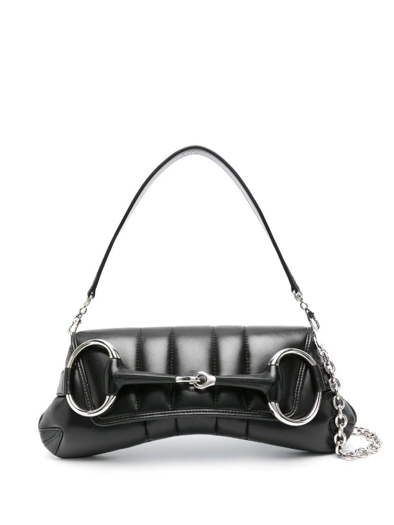 Black Horsebit Chain Medium Leather Shoulder Bag