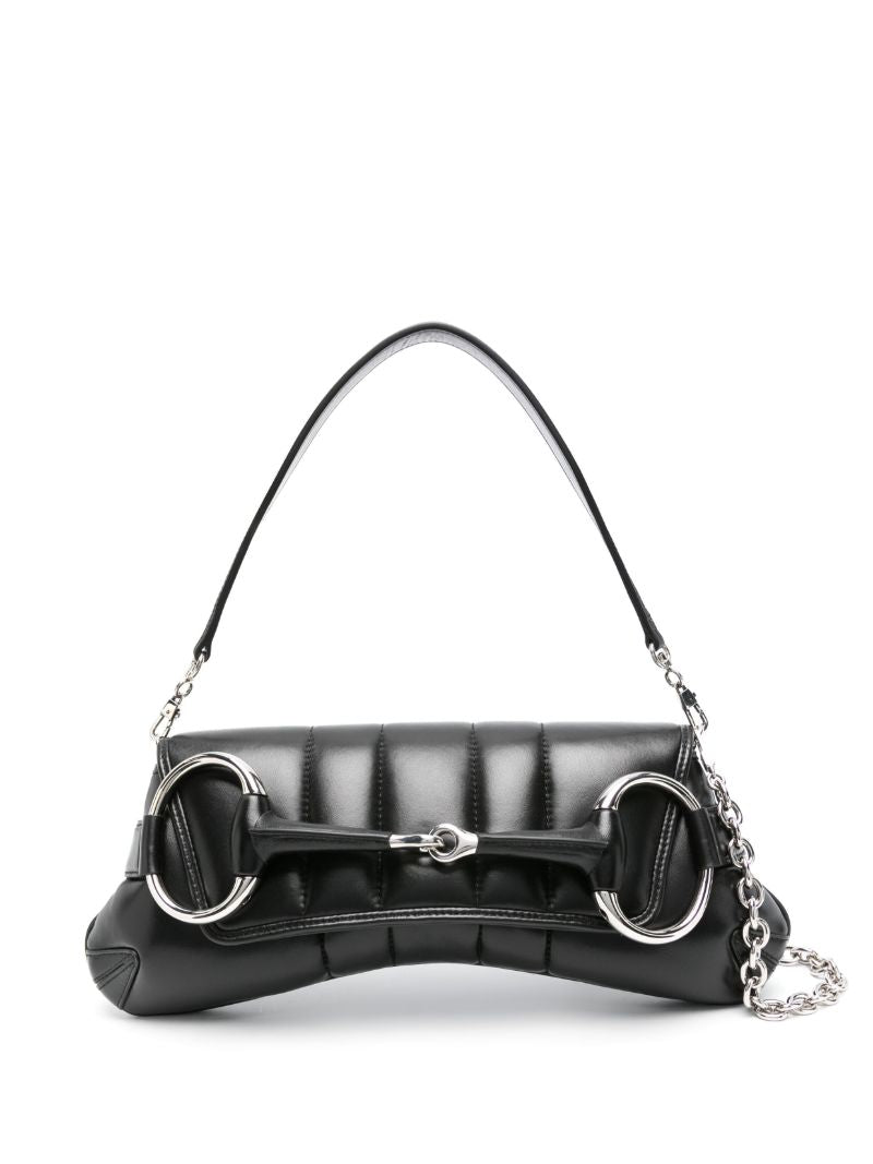 Black Horsebit Chain Medium Leather Shoulder Bag