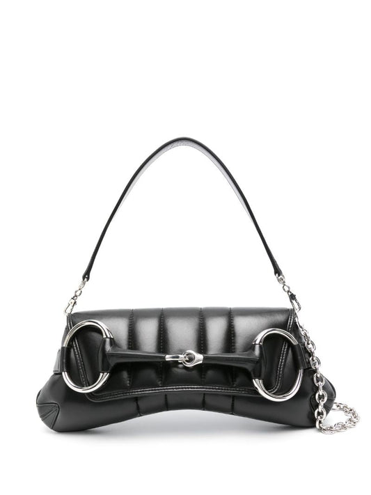 Black Horsebit Chain Medium Leather Shoulder Bag
