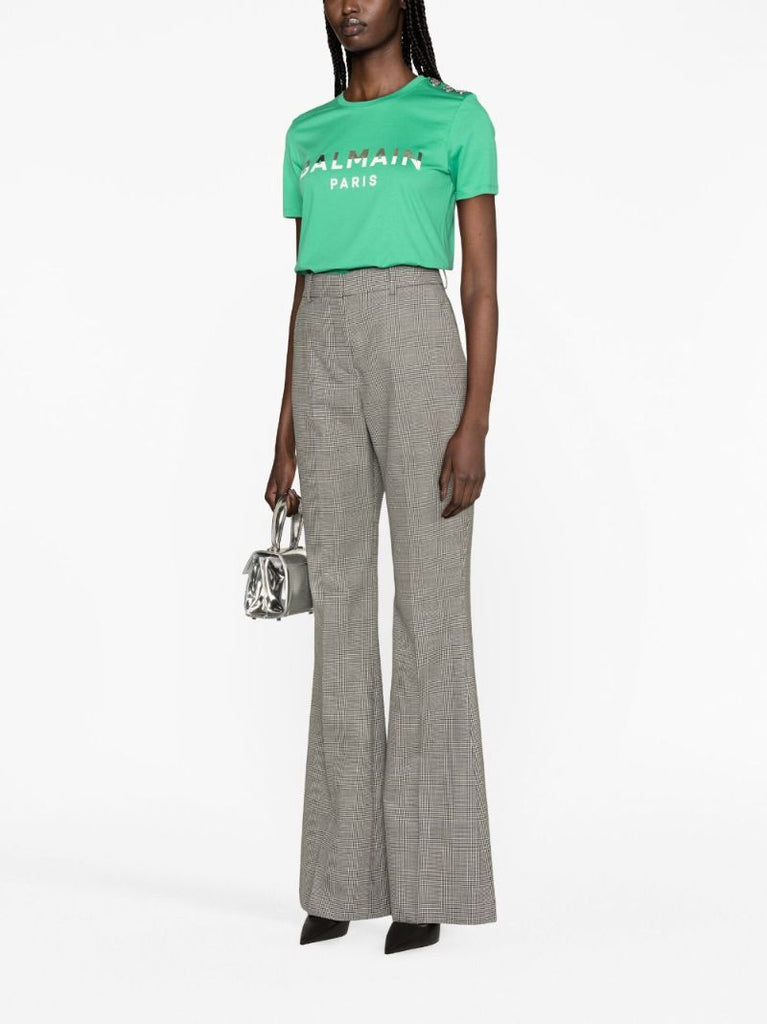 White and Black Plaid Check Flared Trousers