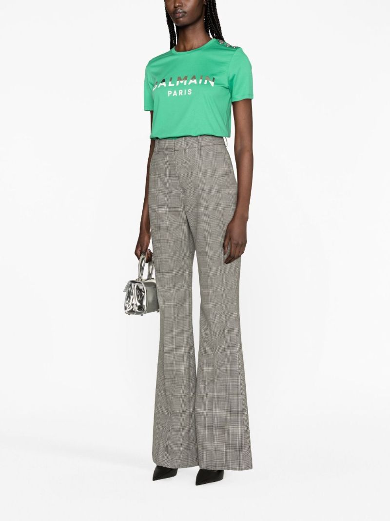 White and Black Plaid Check Flared Trousers