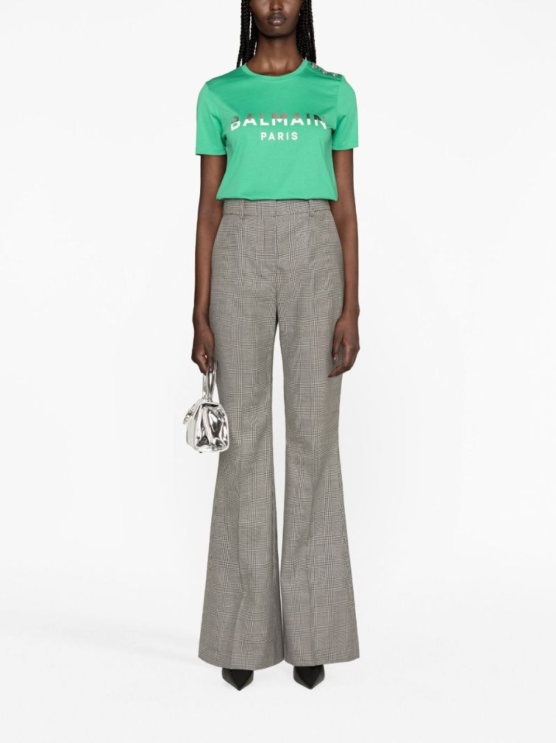White and Black Plaid Check Flared Trousers