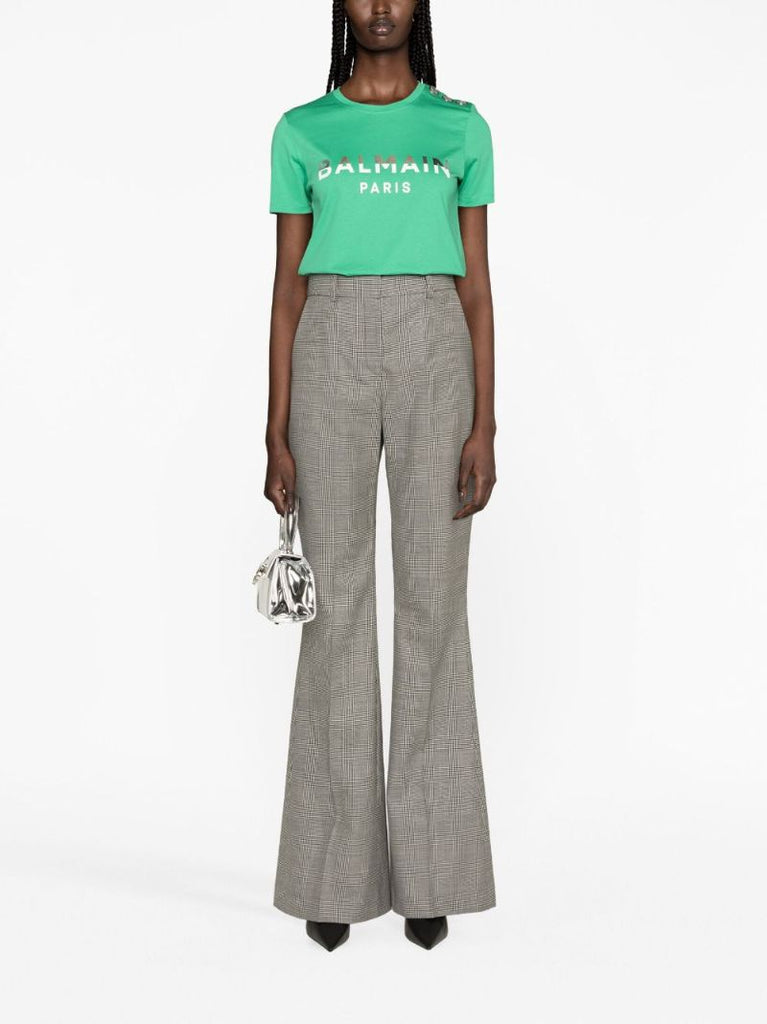 White and Black Plaid Check Flared Trousers