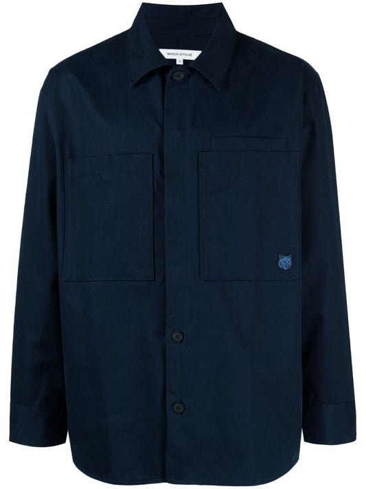 Blue Bold Fox-embroidery Cotton Shirt