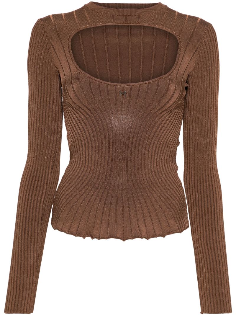 Brown Cut-out Ribbed-knit Sweater