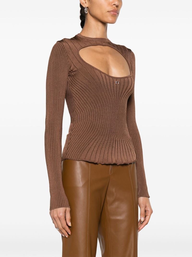 Brown Cut-out Ribbed-knit Sweater