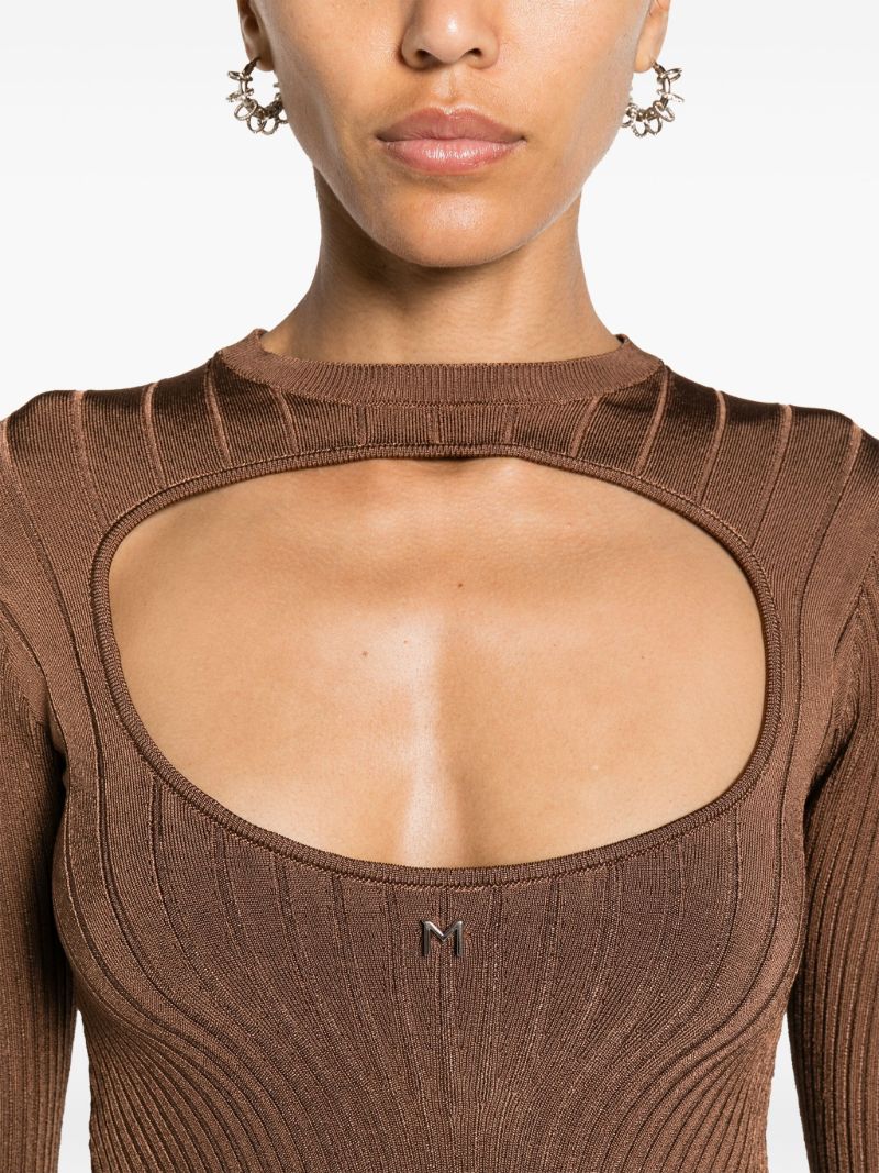 Brown Cut-out Ribbed-knit Sweater