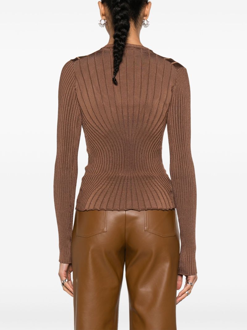 Brown Cut-out Ribbed-knit Sweater