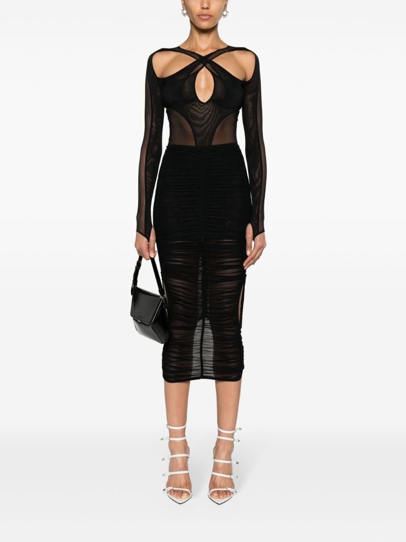 Black Draped Mesh Midi Skirt