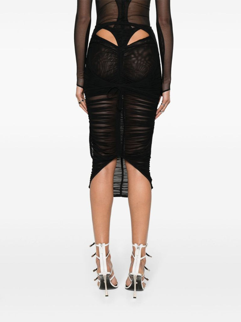 Black Draped Mesh Midi Skirt