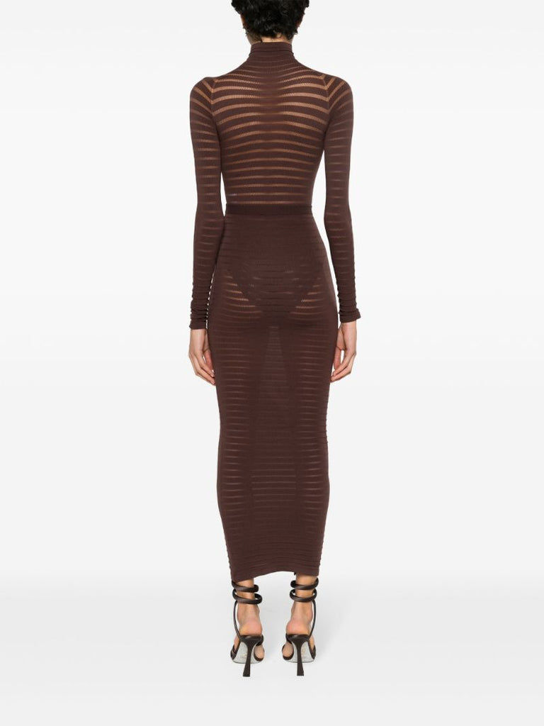 Brown Ribbed Midi Pencil Skirt