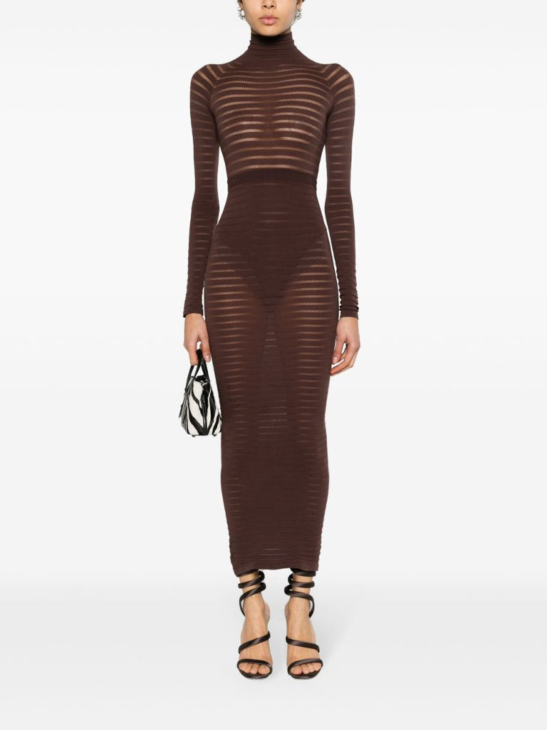 Brown Ribbed Midi Pencil Skirt