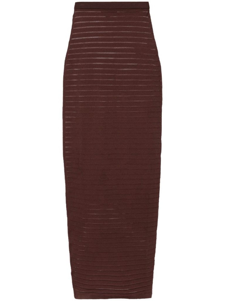 Brown Ribbed Midi Pencil Skirt
