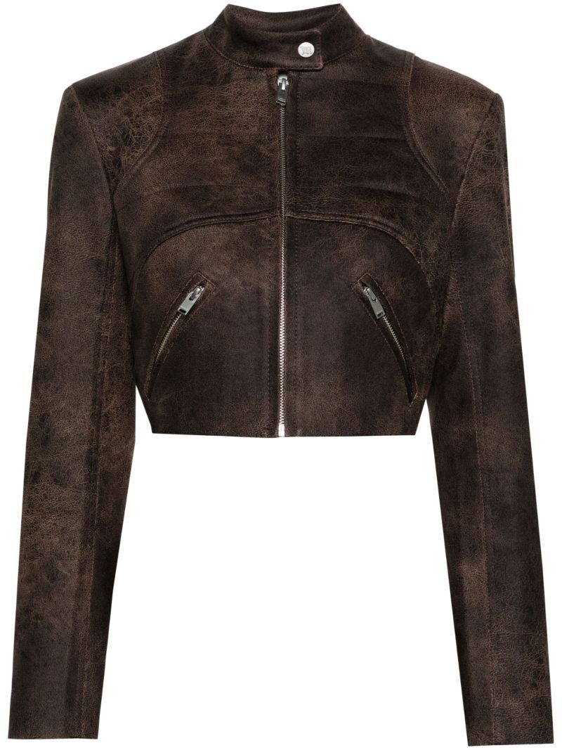 Brown Cracked Cropped Faux-leather Jacket