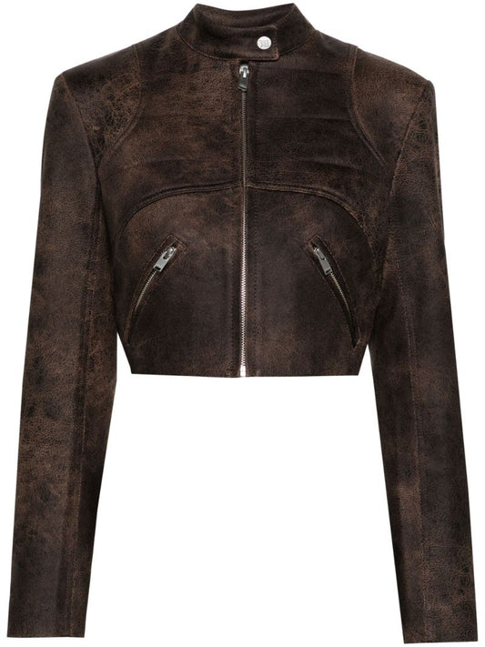 Brown Cracked Cropped Faux-leather Jacket