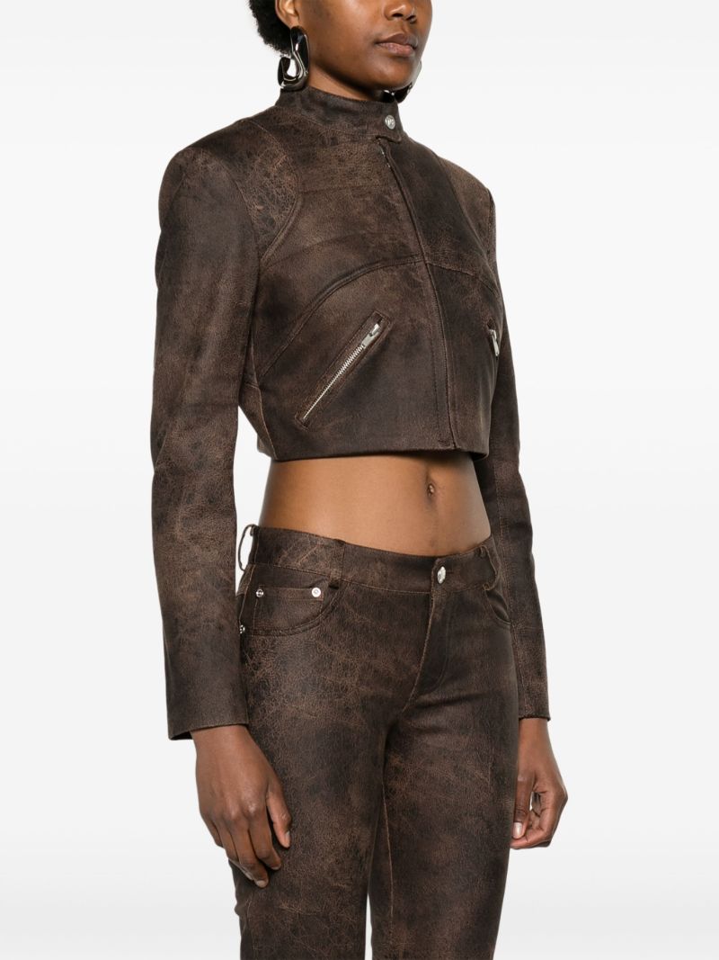 Brown Cracked Cropped Faux-leather Jacket