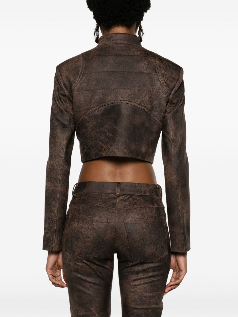 Brown Cracked Cropped Faux-leather Jacket