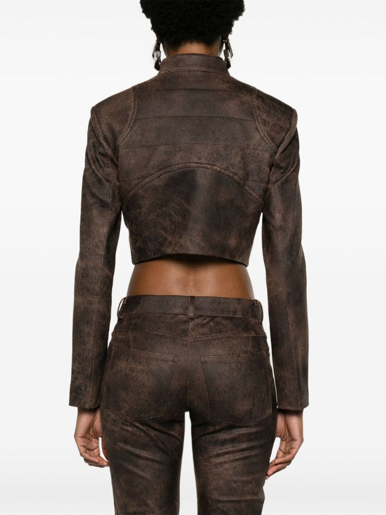 Brown Cracked Cropped Faux-leather Jacket