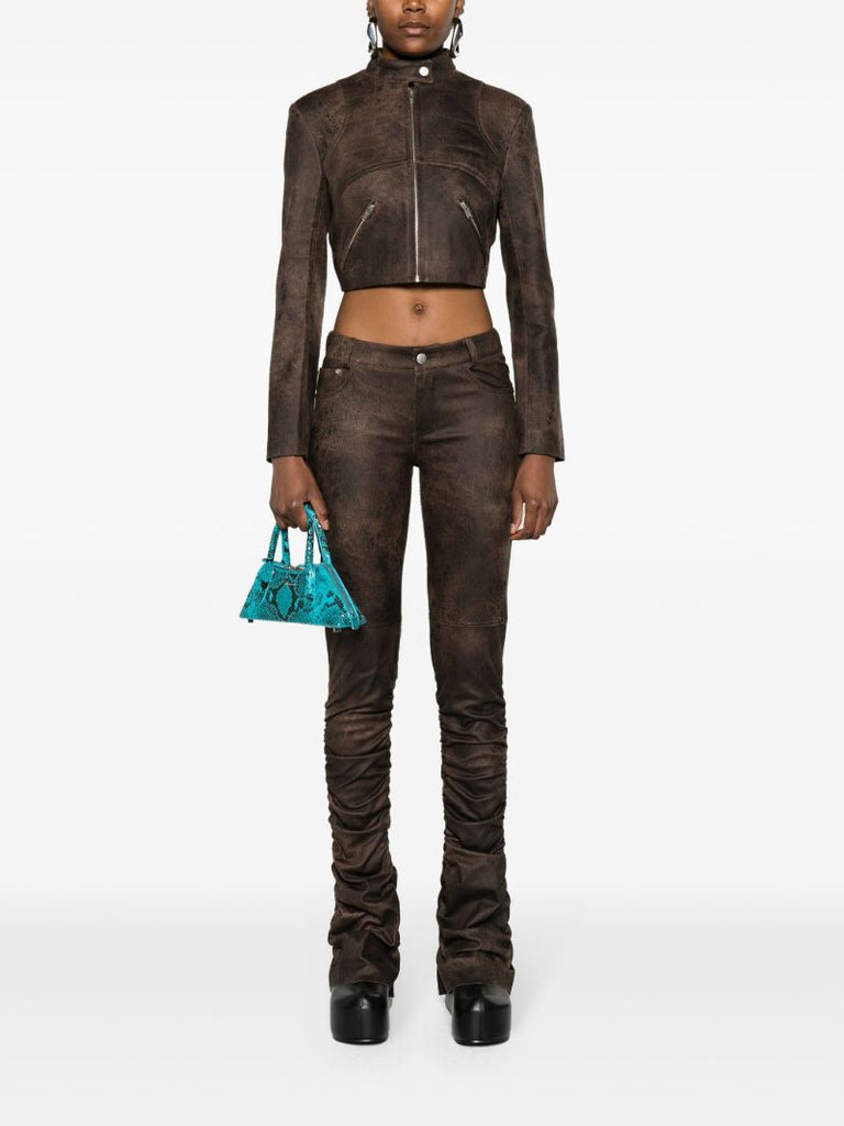 Brown Cracked Cropped Faux-leather Jacket