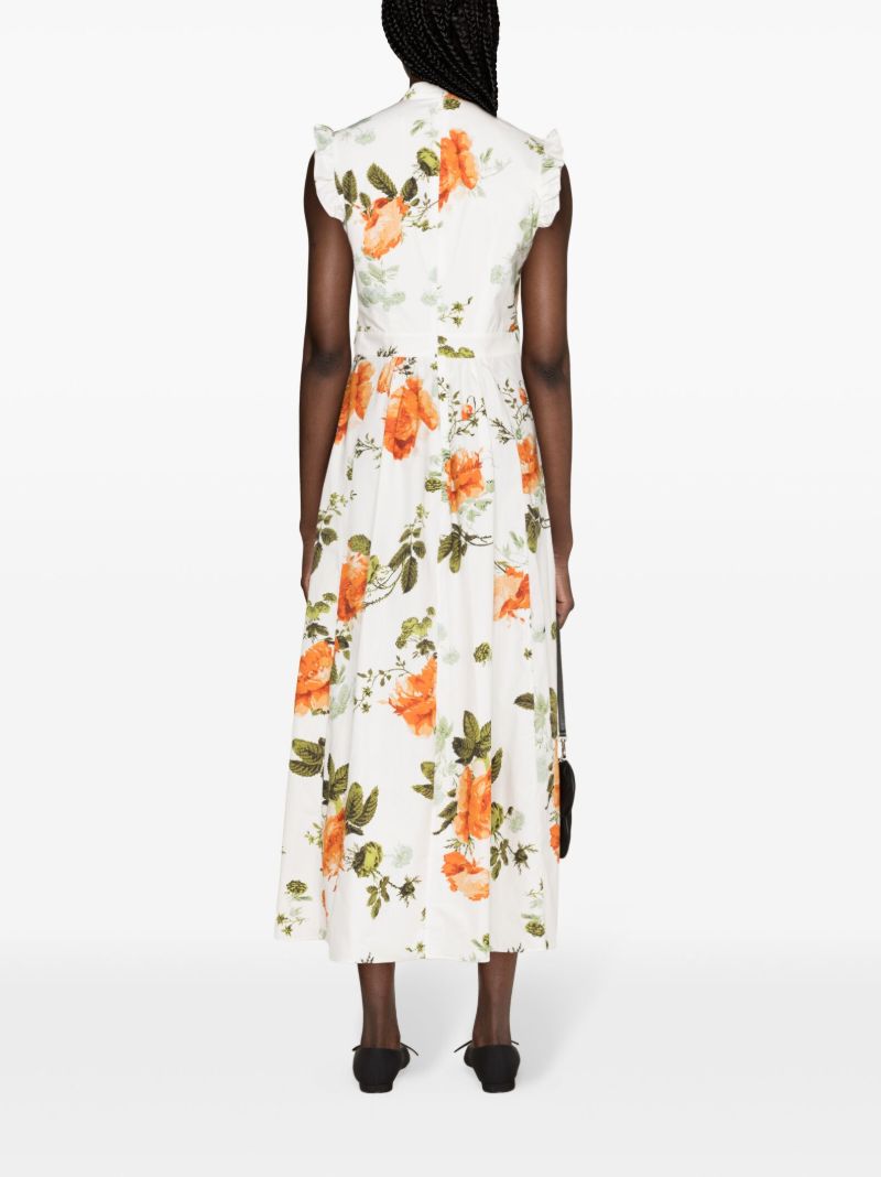 White Floral-print Flared Midi Dress