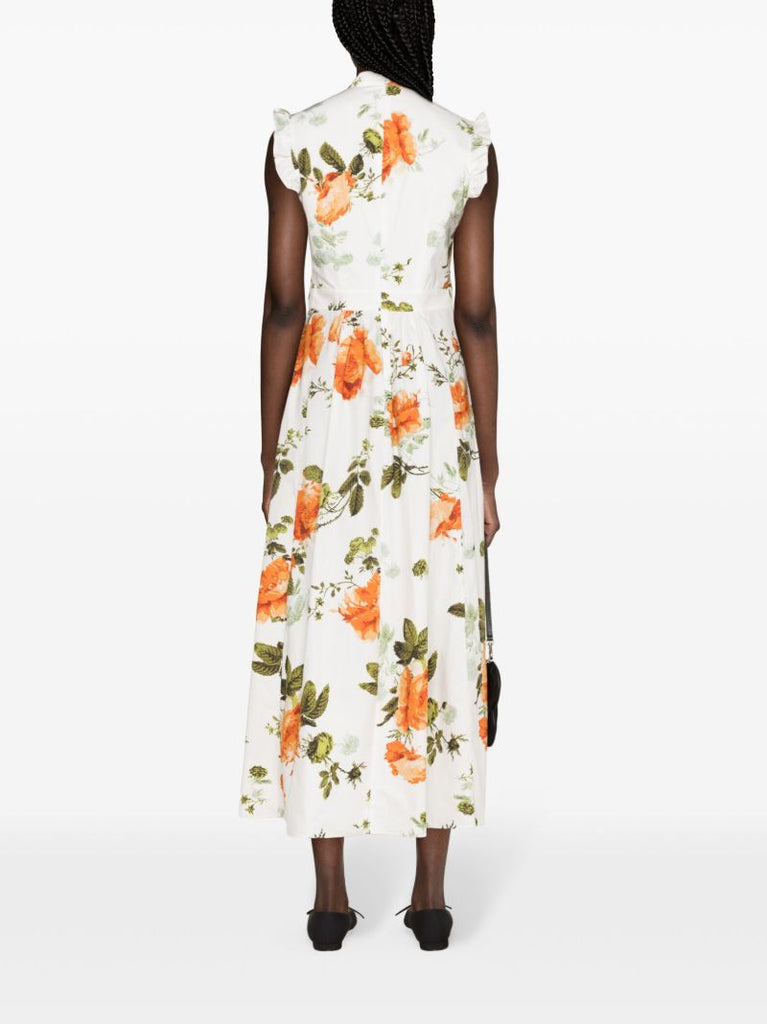 White Floral-print Flared Midi Dress