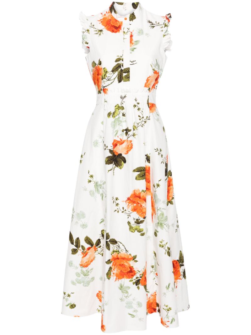 White Floral-print Flared Midi Dress