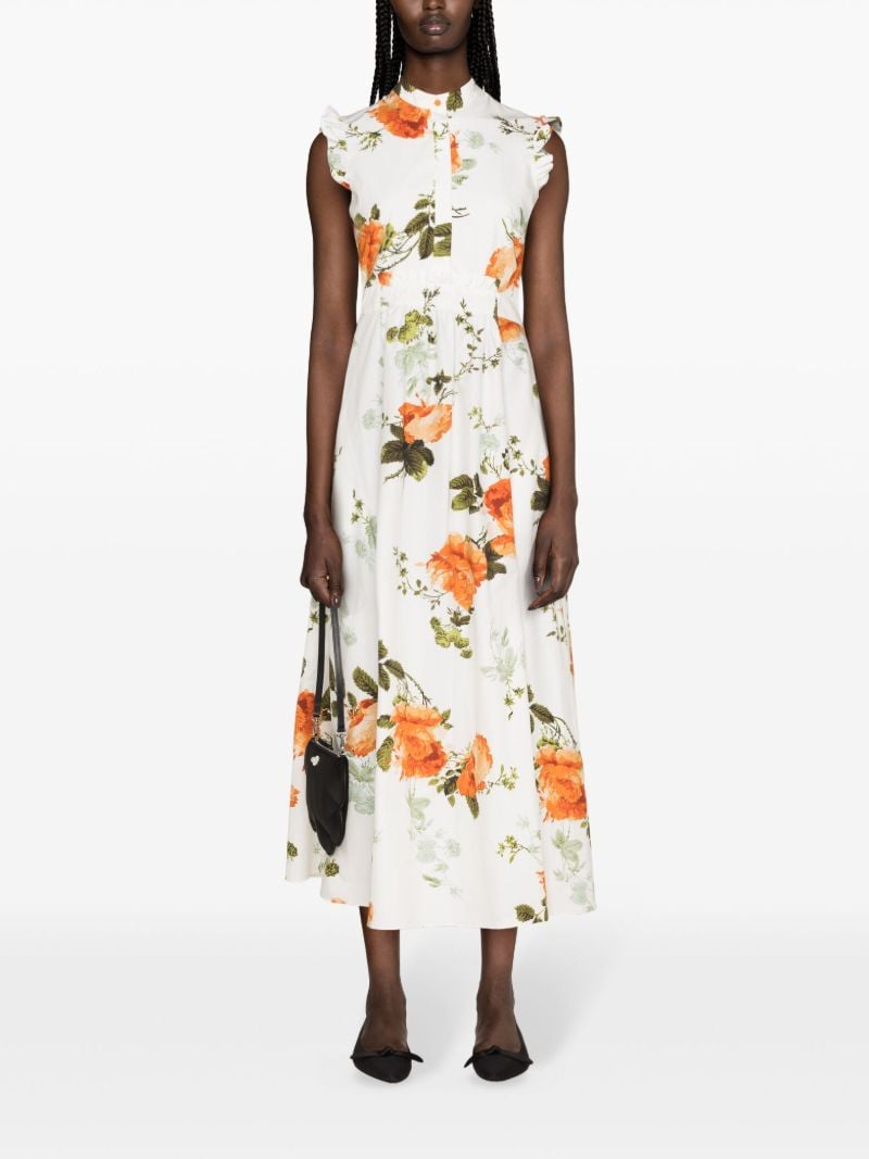 White Floral-print Flared Midi Dress