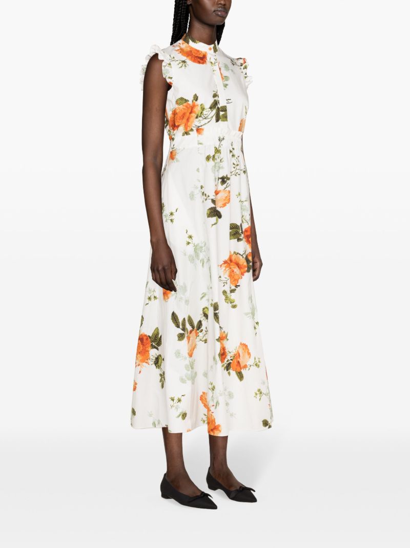White Floral-print Flared Midi Dress