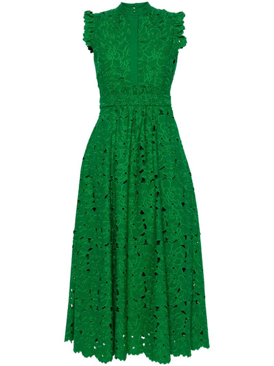 Green Broderie-anglaise Flared Midi Dress