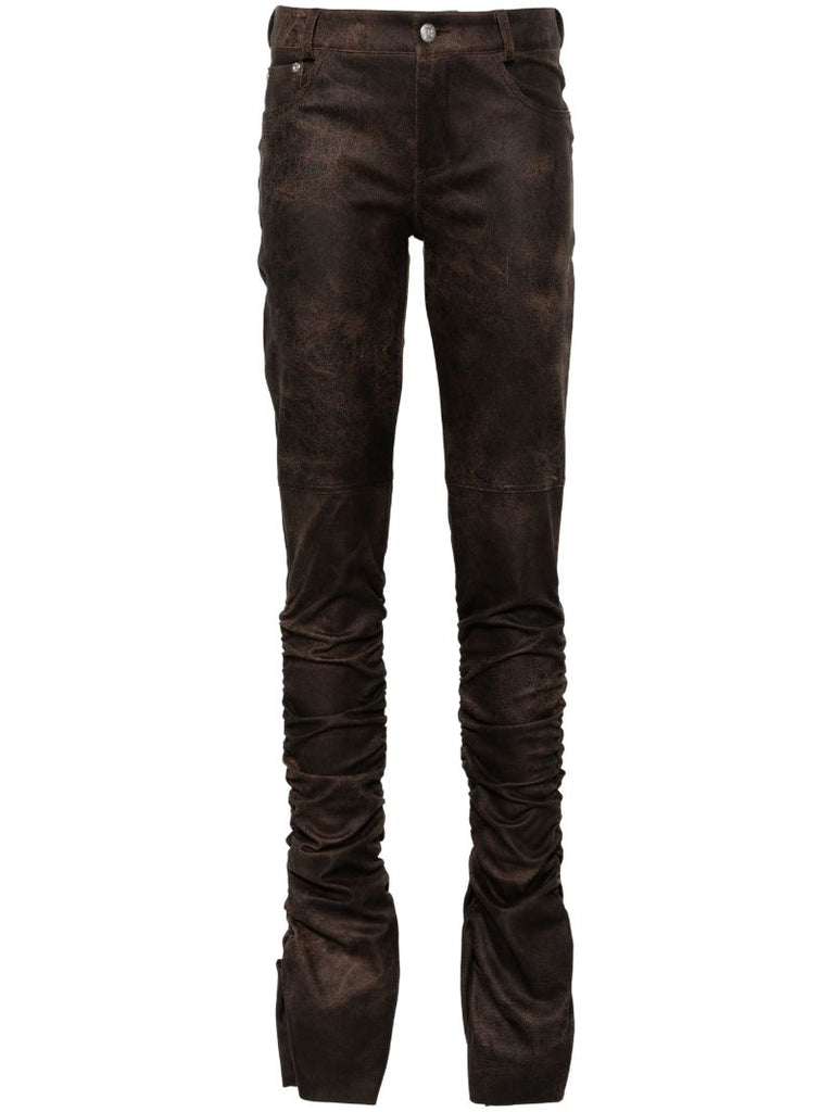 Brown Cracked-effect Ruched Trousers