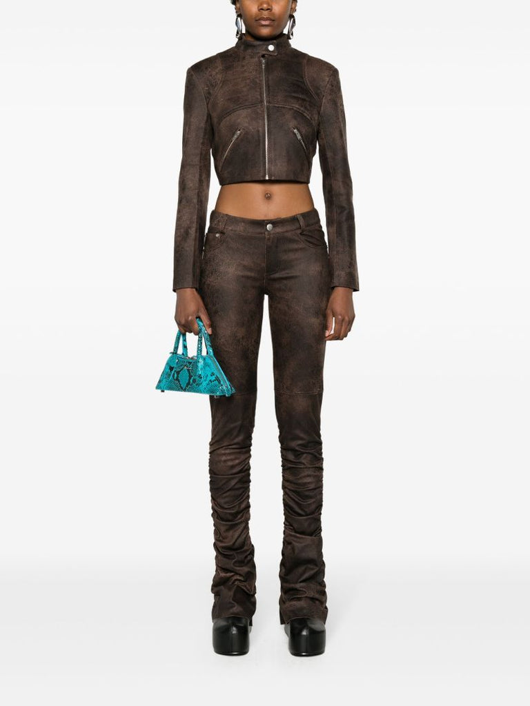 Brown Cracked-effect Ruched Trousers