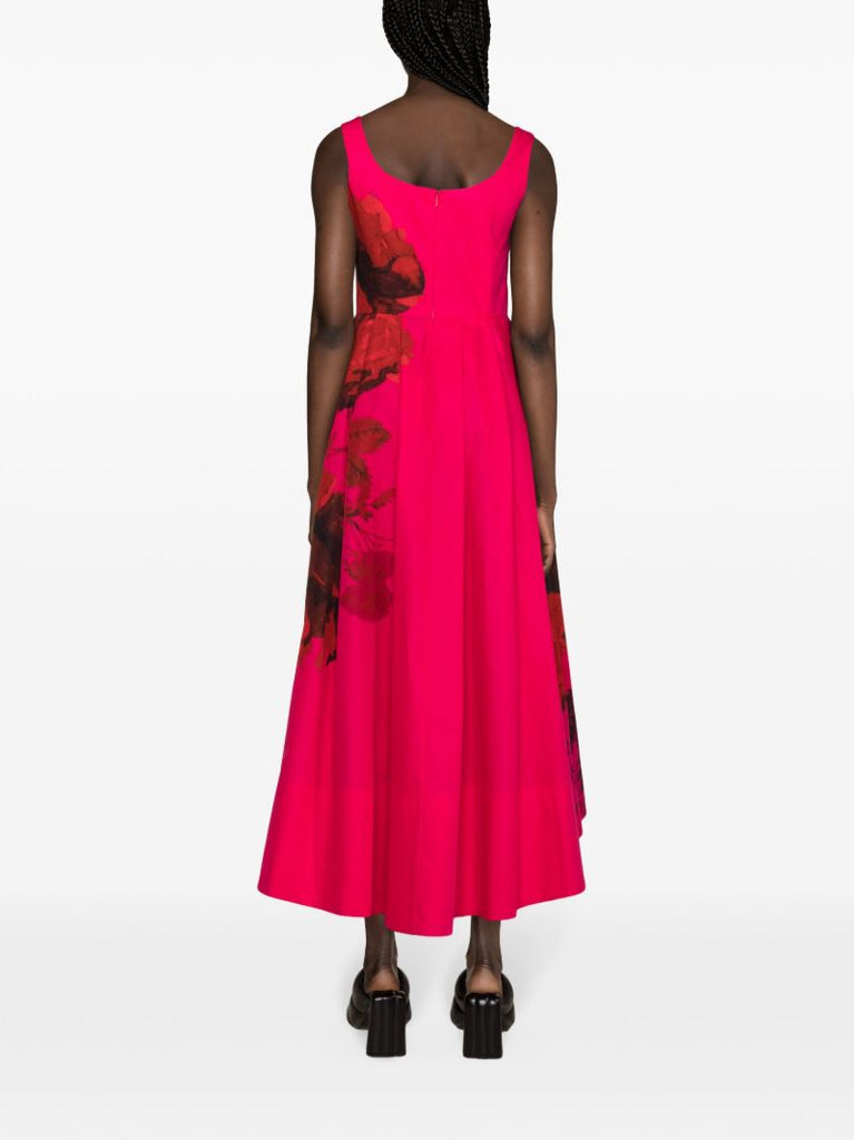 Pink Floral Print Fluted Cotton Dress