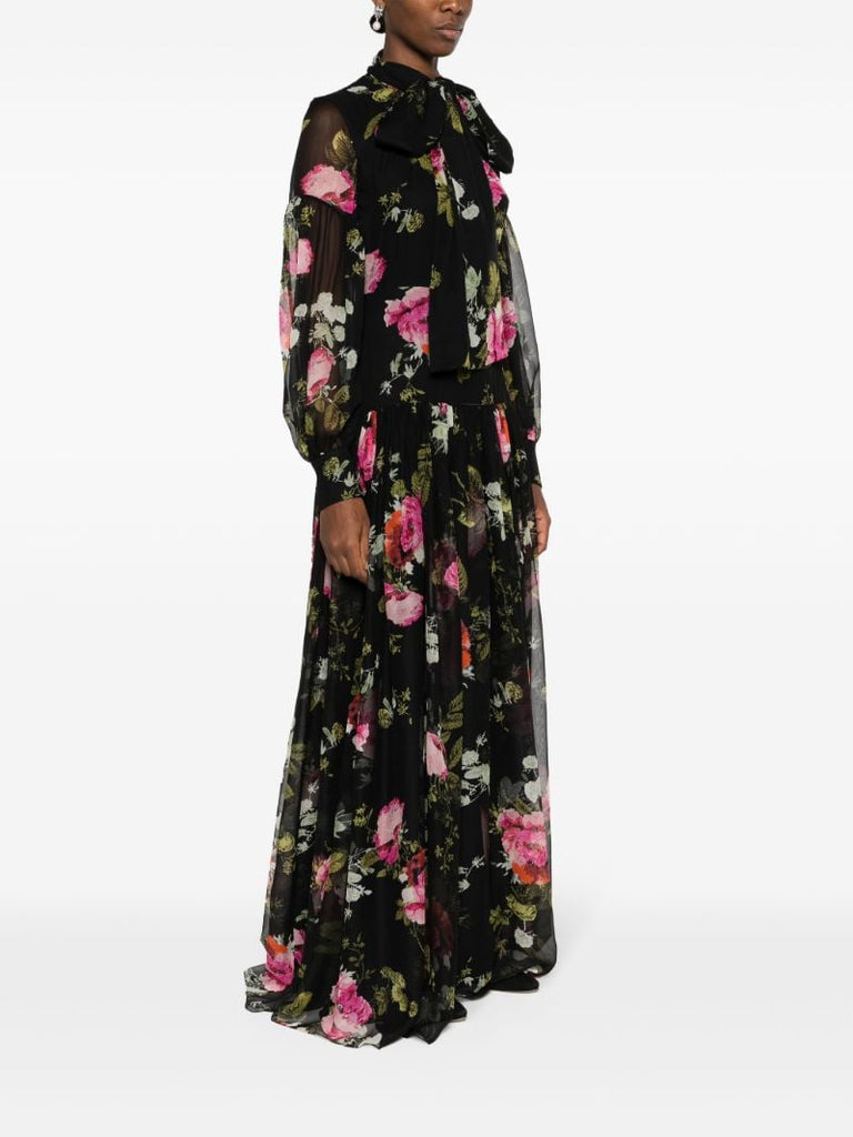 Black Floral-print Silk Gown