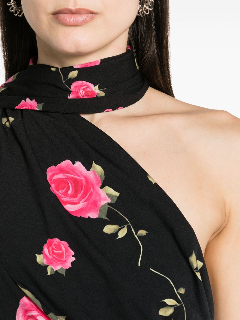 Black Rose-print Ruched Minidress