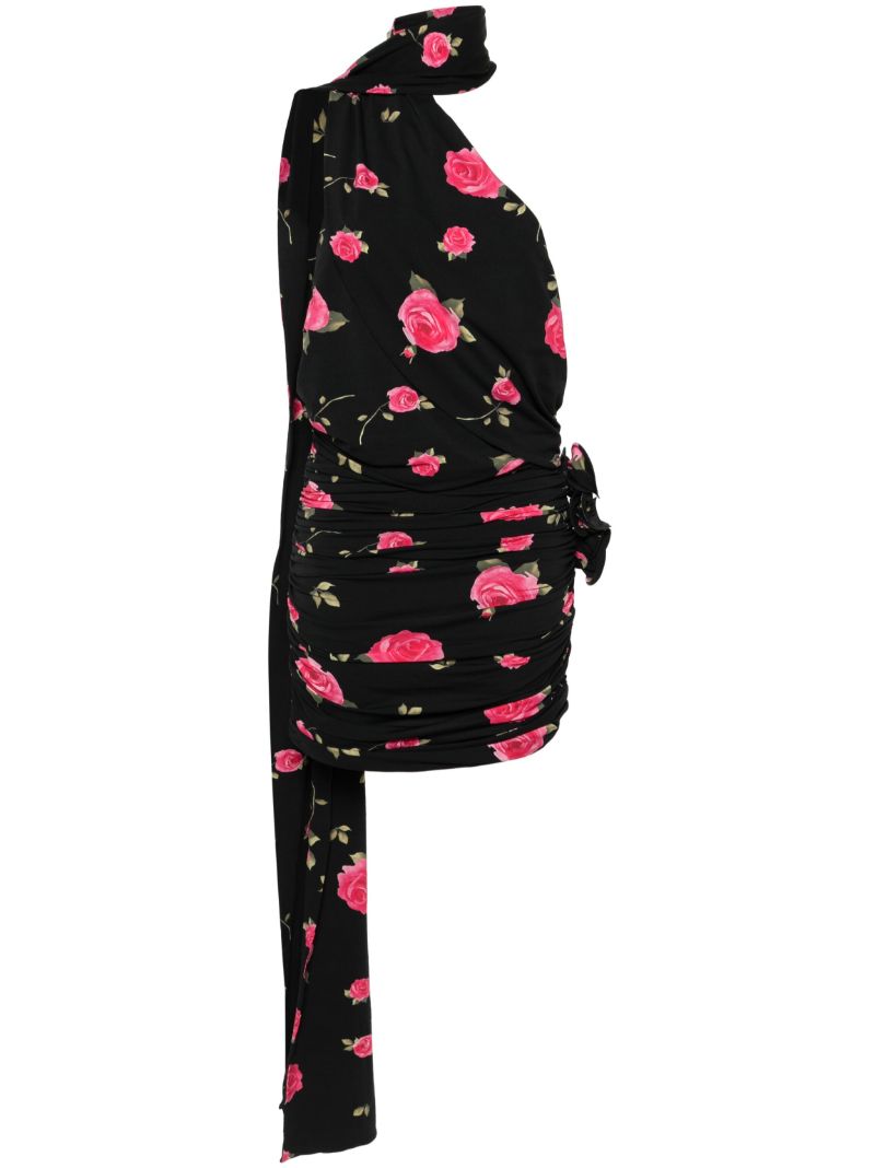 Black Rose-print Ruched Minidress