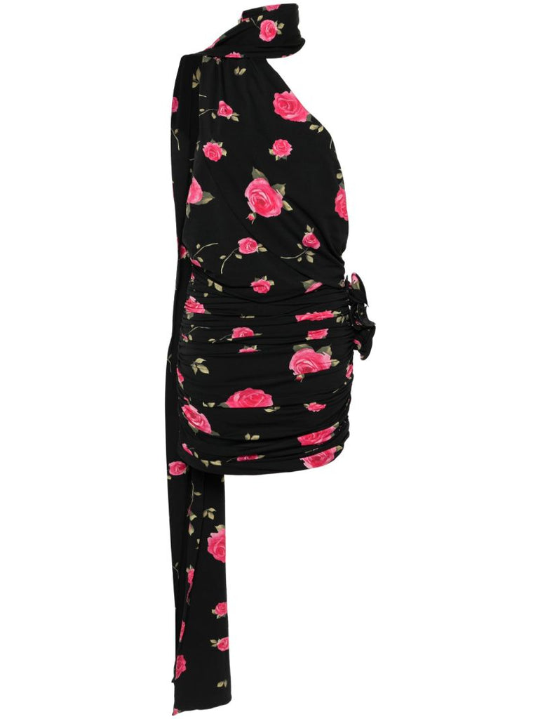 Black Rose-print Ruched Minidress