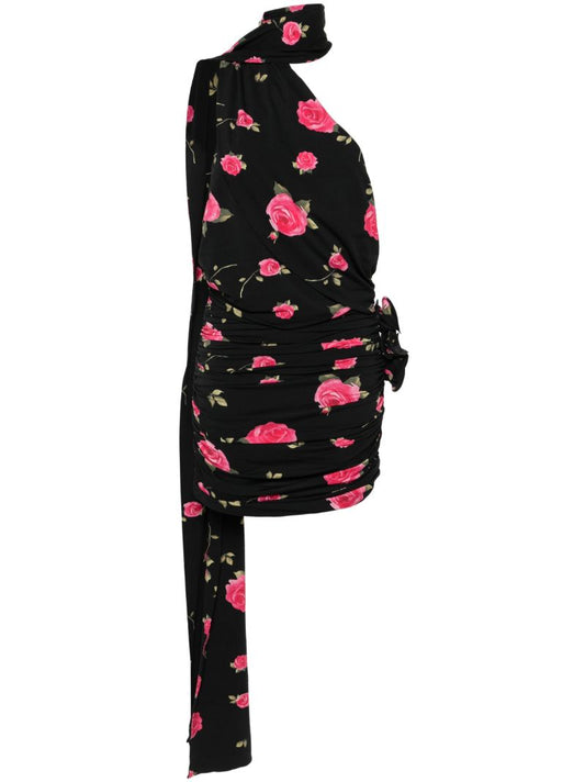 Black Rose-print Ruched Minidress