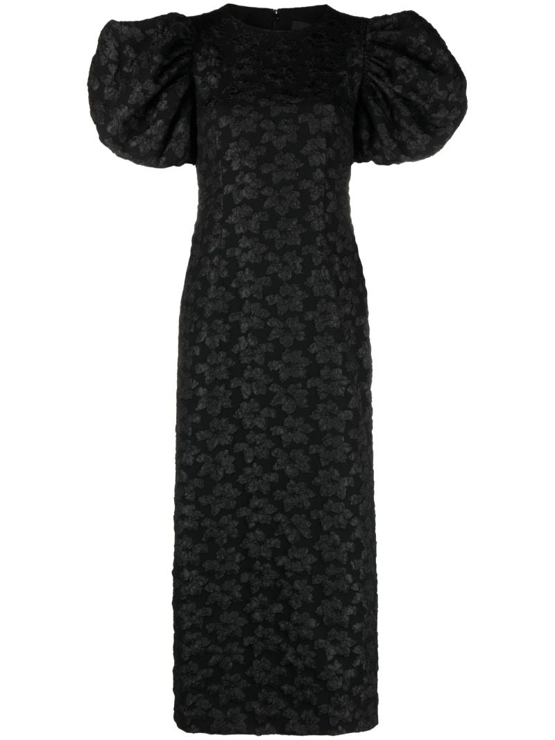 Black 3d Jacquard Puff-sleeve Midi Dress