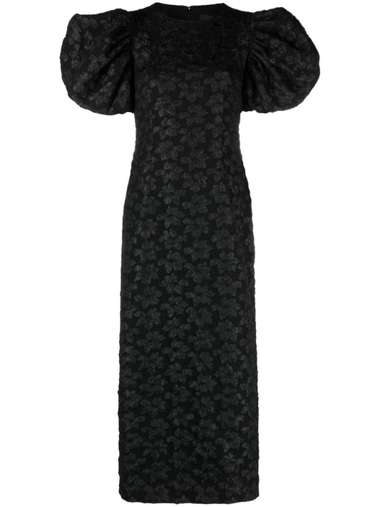 Black 3d Jacquard Puff-sleeve Midi Dress