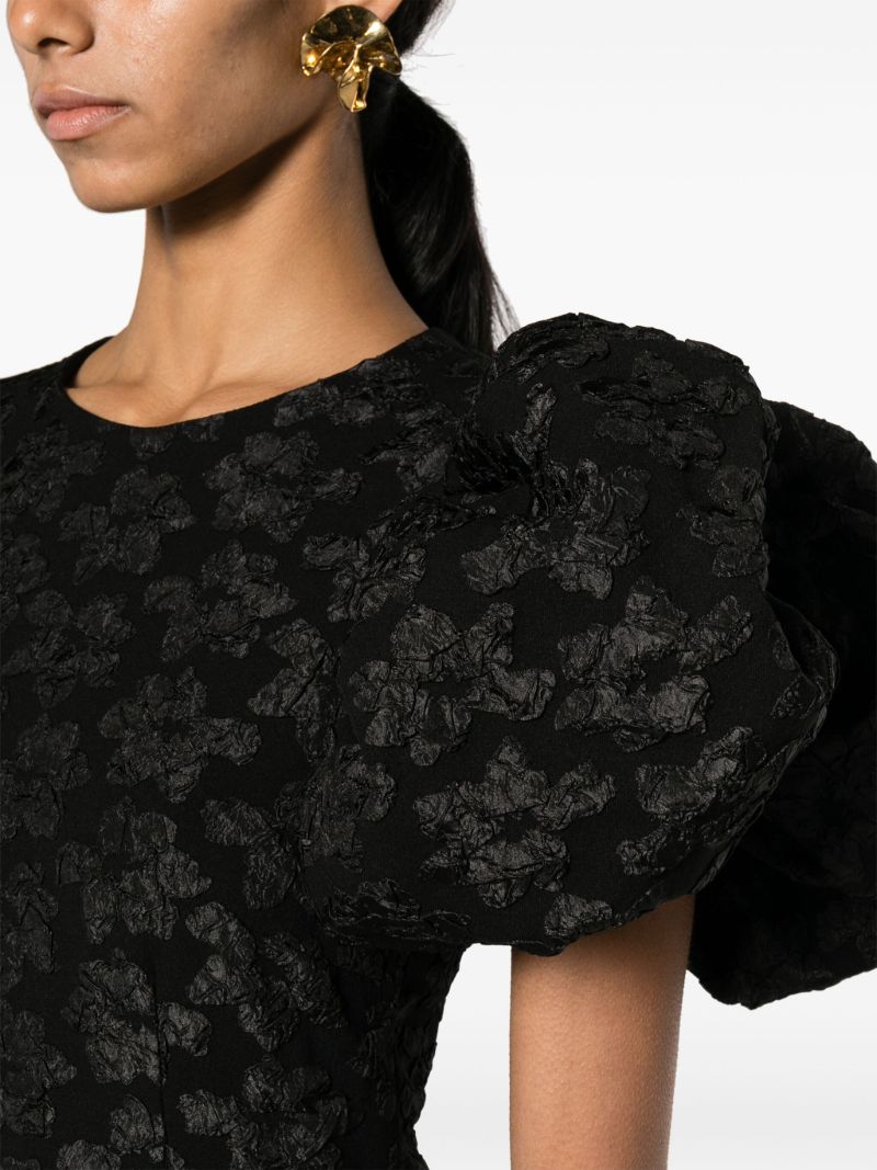 Black 3d Jacquard Puff-sleeve Midi Dress