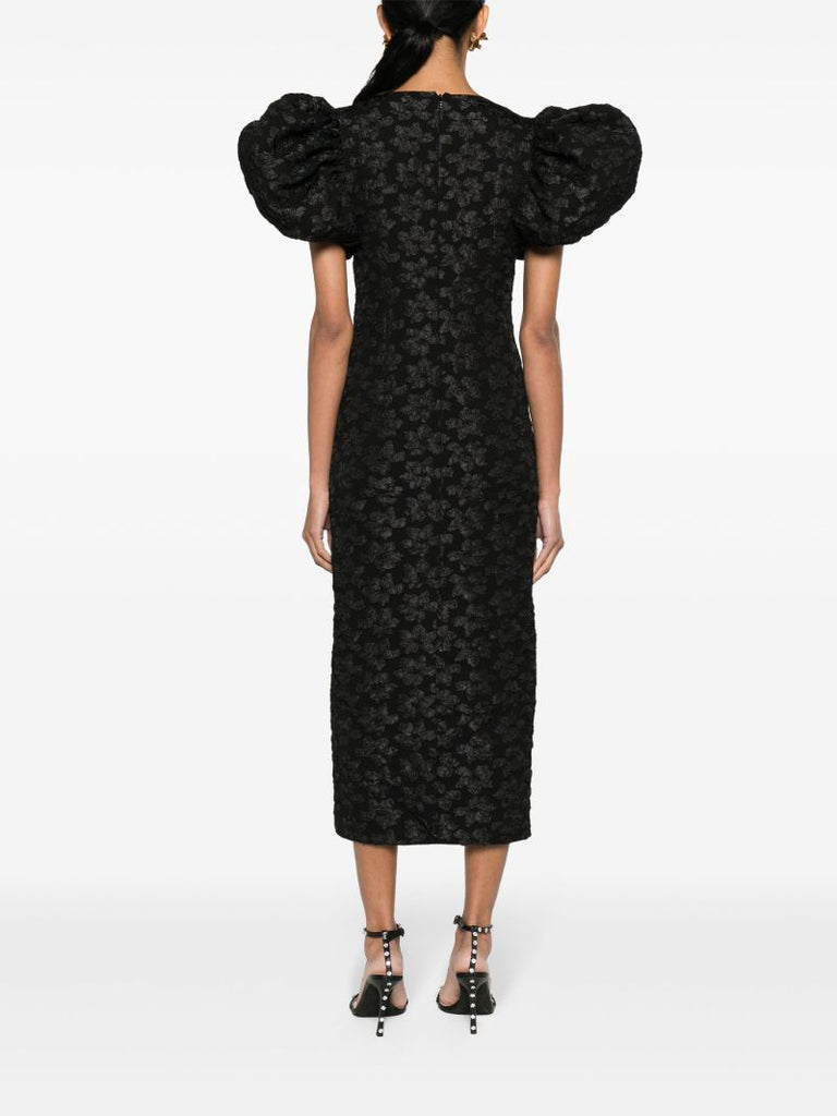 Black 3d Jacquard Puff-sleeve Midi Dress