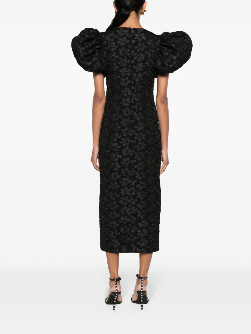 Black 3d Jacquard Puff-sleeve Midi Dress