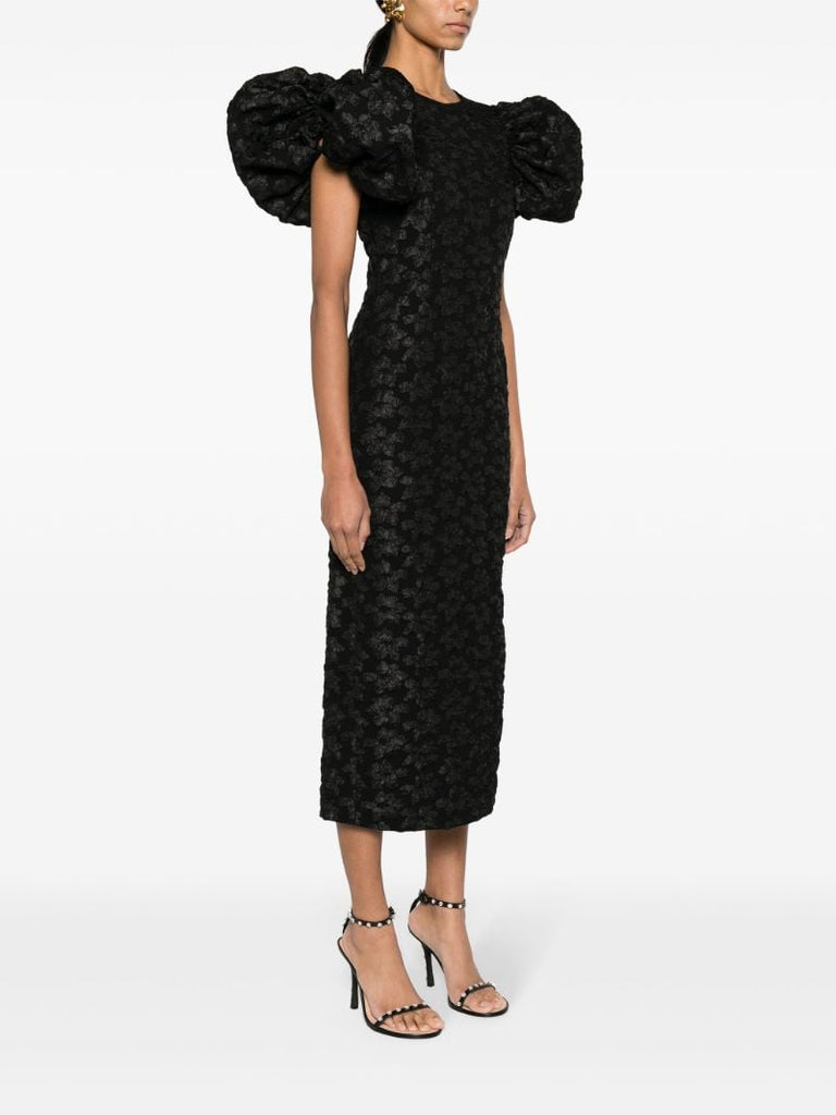 Black 3d Jacquard Puff-sleeve Midi Dress