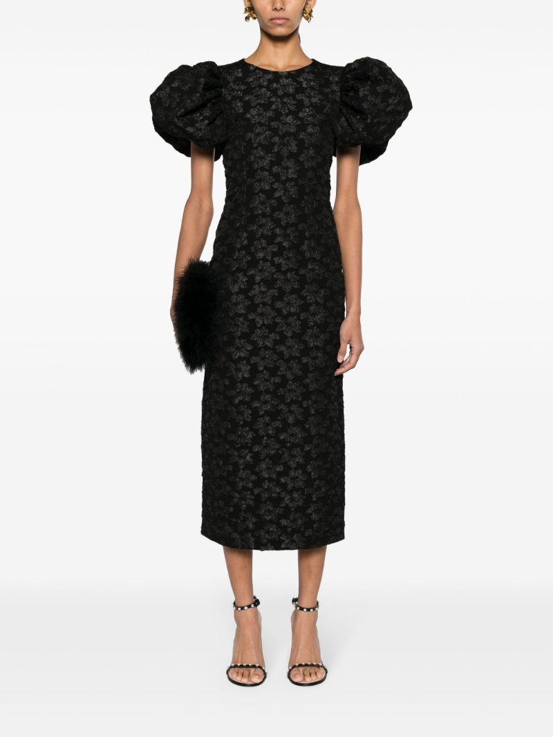 Black 3d Jacquard Puff-sleeve Midi Dress