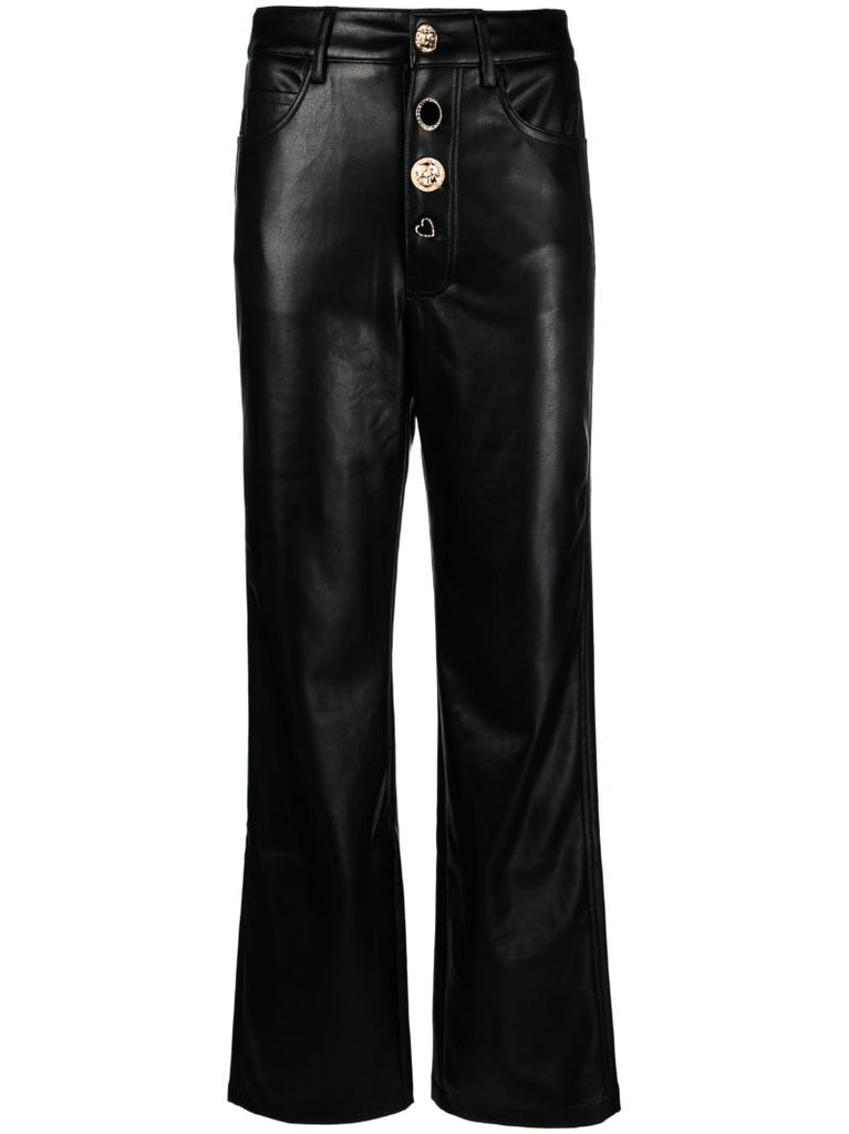 Black Button-embellished Faux-leather Trousers