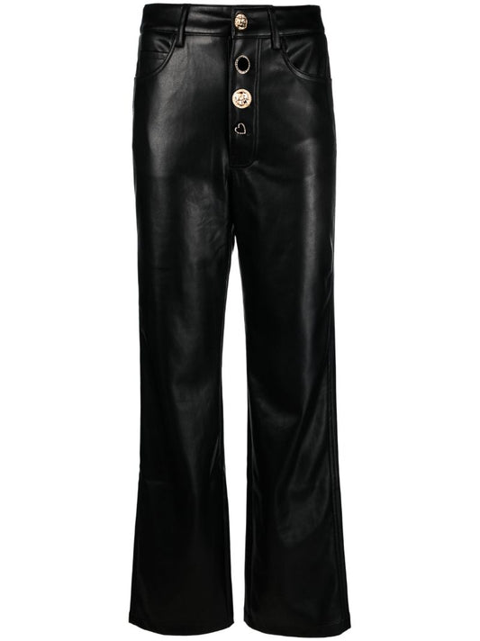 Black Button-embellished Faux-leather Trousers
