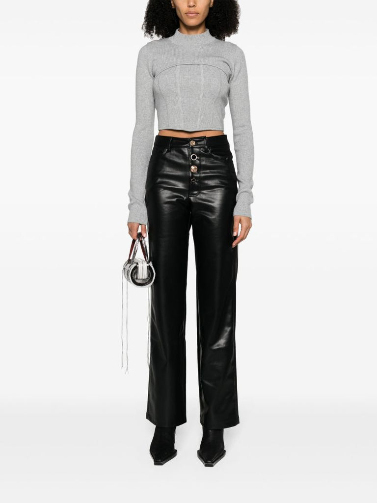 Black Button-embellished Faux-leather Trousers