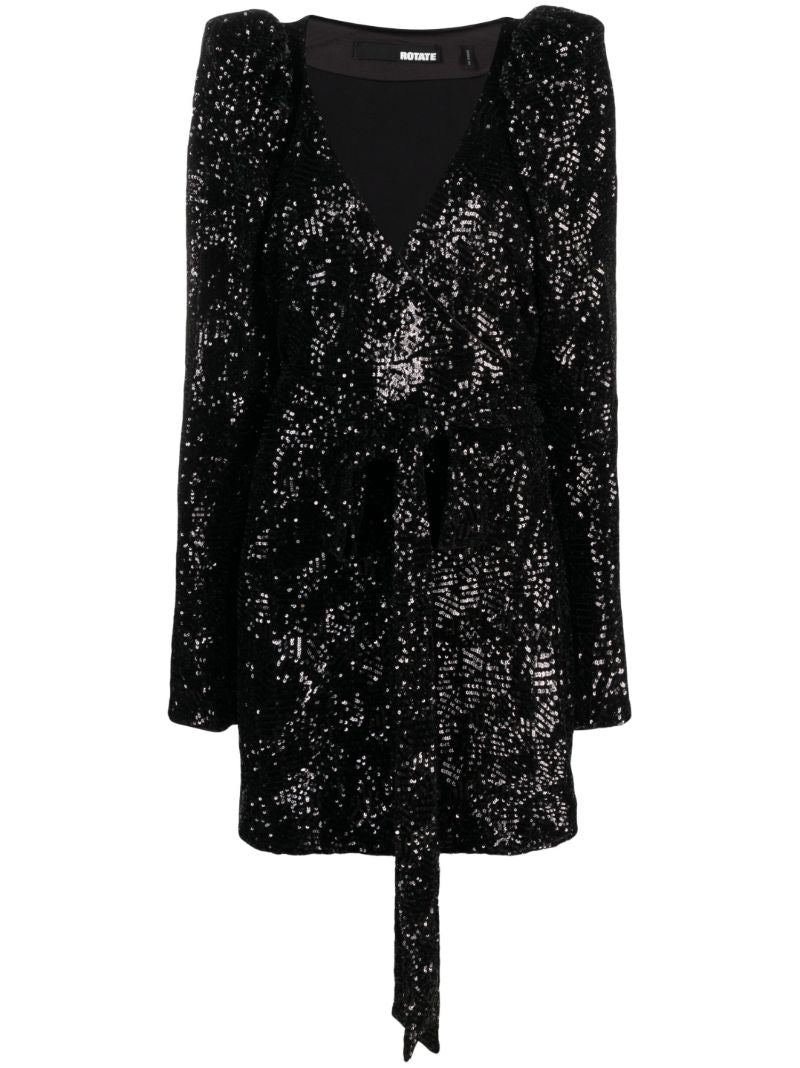 Black Sequin-embellished Mini Wrap Dress