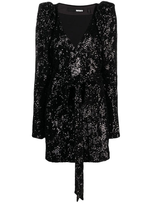 Black Sequin-embellished Mini Wrap Dress